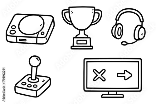 Hand-drawn video game icon collection. Retro gamer doodle set with console, arcade joystick, winner's trophy, and headset. Esports competition and entertainment concept.