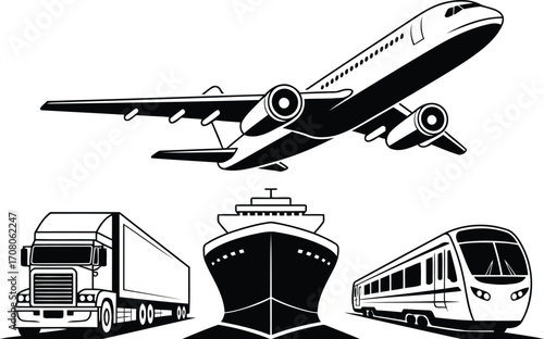 Diverse Transportation Methods Featuring an Airplane, Cargo Ship, Semi Truck and Modern Train Illustrating Global Trade and Logistics Networks and Interconnectedness