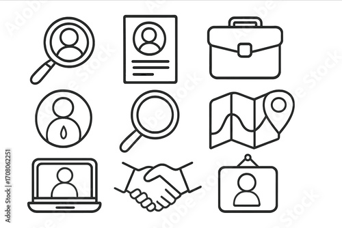 Job search and recruitment line icons set. Human resources, hiring, employment symbols. Vector illustration of resume, interview, candidate, handshake, and career concepts.