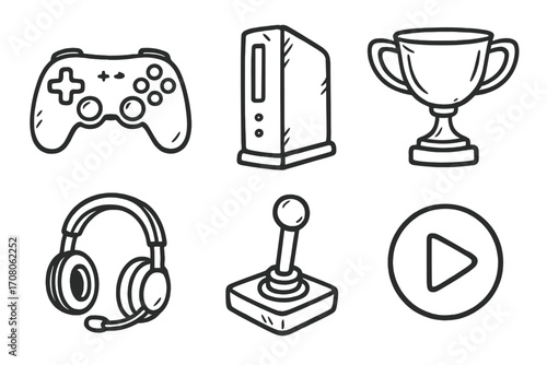Hand drawn gaming icons set with controller, console, trophy, headset, joystick, and play button. Vector cartoon doodle illustration. Video game and esports elements collection.