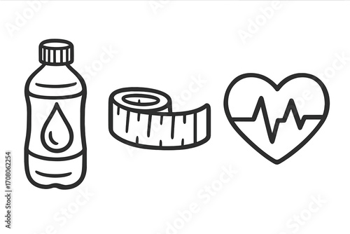 Fitness and health icons set. Concept of hydration, weight loss, and heart health tracking. Vector line art symbols for healthy lifestyle, diet, exercise, and wellness.