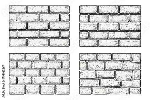 Hand drawn brick wall texture set. Vector sketch illustration of building materials. Cartoon background. Masonry construction seamless pattern. Vintage doodle brickwork design element.