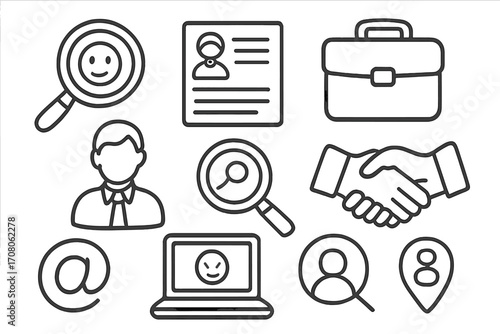 Job search icon set for recruitment and human resources. Hand drawn vector line icons of resume, handshake, briefcase, and candidate search for business employment and careers.