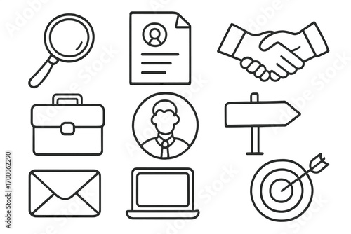 Job search icon set for recruitment & career development. Business symbols like resume, magnifying glass, handshake, briefcase, and career goal. Employee profile for HR.