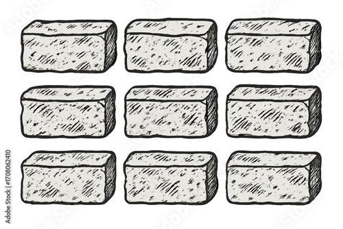 Hand drawn sketch of stone bricks set with rough texture for construction design. Vector cartoon illustration. Old rock blocks for wall masonry. Building material elements.