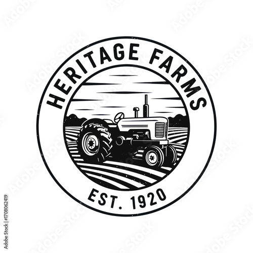 Circular logo design featuring a vintage tractor plowing a field, representing a farm.