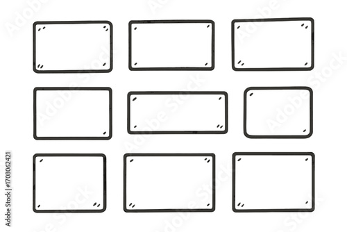 Set of hand drawn rectangular frames. Doodle sketch style borders collection. Cartoon comic storyboard panel layout. Blank empty text box template for design. Vector background.