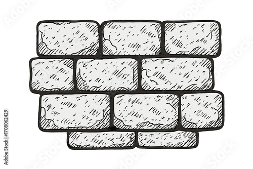 Hand drawn sketch of stone bricks set. Rough texture for construction design. Vector cartoon illustration of a wall. Building material pattern. Masonry block element.