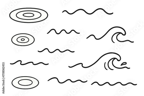 Hand drawn water wave and ripple collection. Doodle style vector set of sea waves, ocean surf, river currents, and liquid splashes. Minimalist sketch line art icons.