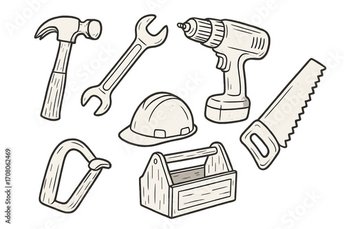 Hand drawn vector set of construction tools. Cartoon illustration of hammer, wrench, drill, saw, helmet, toolbox, carabiner. DIY, repairman, handyman service, building concept.