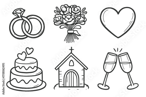 Hand drawn wedding icons collection. Doodle sketch illustration of marriage symbols: rings, bouquet, heart, cake, chapel, toast. Vector elements for a love celebration.