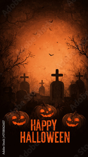 Happy Halloween inscription on pumpkins and cemetery background, orange background.