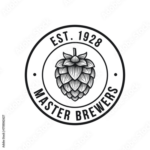 Vintage logo for Master Brewers, featuring a detailed hop cone graphic, established 1928.
