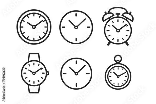 Clock and watch icon set. Minimalist line art collection of time symbols. Vector of wall clock, alarm, wristwatch, and pocket watch. Time management and deadline concept.