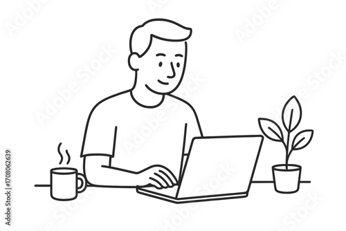 Man working on laptop at desk with coffee and plant. Line art illustration of freelancer or student. Concept for remote work, home office, productivity, business, study.