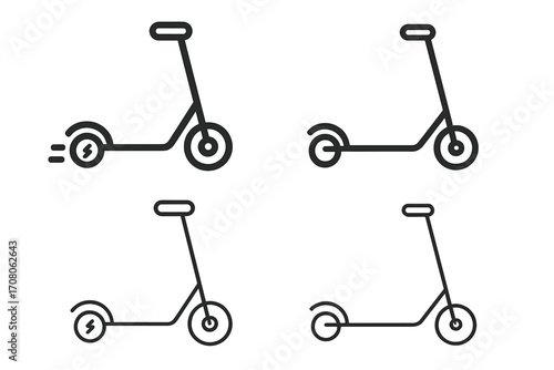 Set of electric and manual scooter icons in a minimalist line art style. Urban transport symbol collection. E-scooter sharing and city mobility concept vector pictogram.