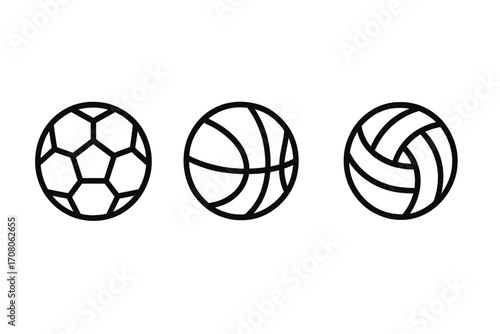 Sports balls line art icon set. Soccer, basketball, and volleyball symbols. Simple black outline vector illustration collection for graphic design elements and logos.