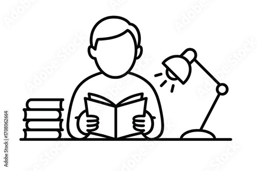 Minimalist line art of person reading a book at a desk with a lamp. Concept for knowledge, education, studying, and inspiration. Vector icon for learning, library, or school.