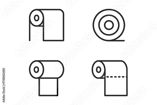 Toilet paper roll line icon set. Minimalist vector pictograms of bathroom tissue and kitchen towels. Simple symbols for hygiene, sanitary concepts, and household supplies.