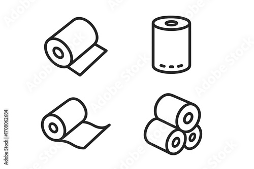 Paper roll line icon set. Minimalist vector illustrations of toilet paper, paper towels, and material rolls. Graphic design elements for web and apps. Symbol collection.
