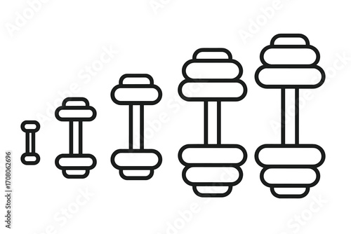Minimalist linear dumbbell icon set showing progressive weight variation. Vector illustration for fitness, gym, workout concepts. Strength training and muscle growth metaphor.
