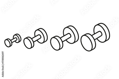 Dumbbell set icon collection for fitness and gym. Vector illustration of progressive weight equipment for workout, bodybuilding, and strength training. Minimalist linear design.