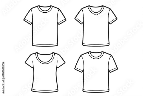 T-shirt outline vector set. Collection of blank white shirt mockups with various necklines and sleeve styles. Minimalist fashion apparel design templates for easy editing.