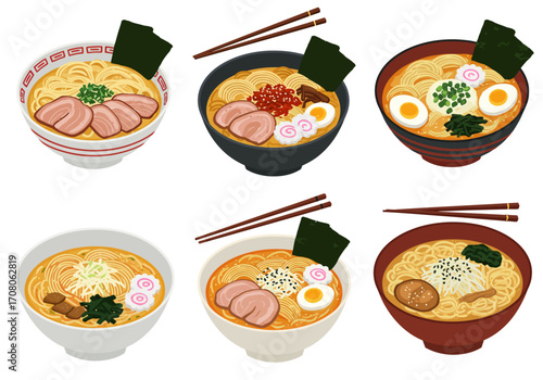 Assorted Bowls of Ramen Noodle Soup with Various Toppings and Chopsticks 1.