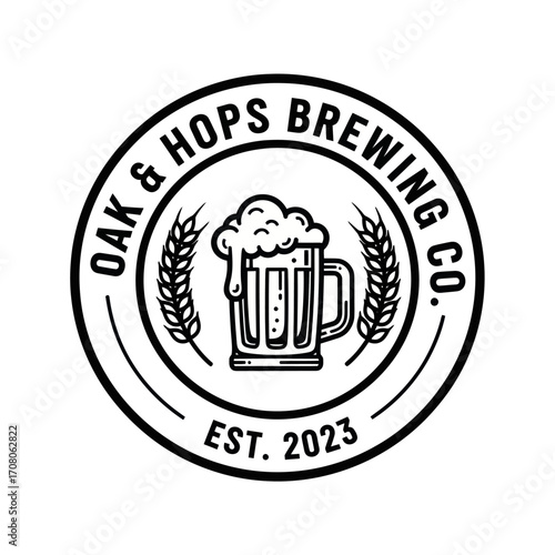 Oak & Hops Brewing Co. logo:  A vintage-style beer mug, wheat, and establishment date.