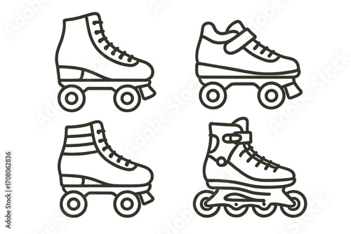 Retro roller skates and inline skate icon set. Vector line art illustration of quad skates for active lifestyle, hobby and sport. Vintage 80s and 90s design elements.