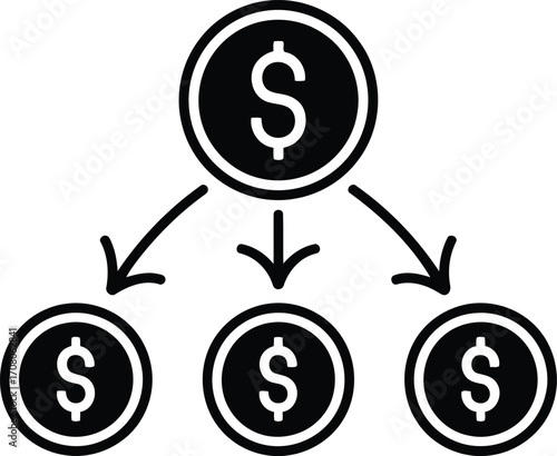 Visual Depiction of Money Distribution Using a Single Coin with Arrows Pointing Towards Three Additional Coins Representing Funds Allocation
