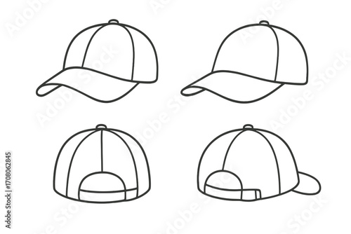 Baseball cap outline set. Vector line art icon collection. Hat from front, back, side view. Minimalist headwear mockup template. Sport accessory graphic design element.