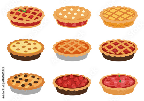 Assorted Cartoon Pies with Fruit and Cream Toppings Baked Desserts.
