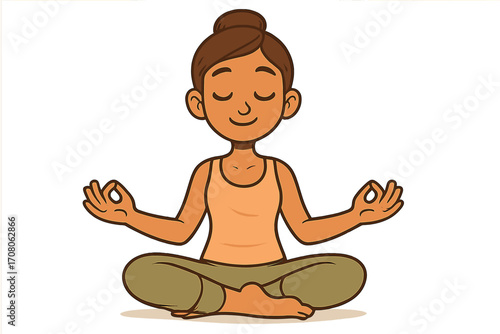 Peaceful woman in lotus yoga pose for mindful relaxation and balance. Vector cartoon character meditating for stress relief, wellness, and mental health. Serene zen concept.