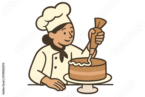 Pastry chef decorating cake with icing. Confectioner character at work in a bakery. Professional baker making sweet gourmet dessert. Minimalist vector cartoon illustration set.