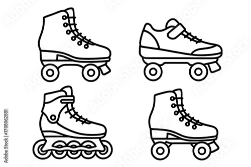 Roller skates and inline skates outline icon set. Retro quad skate for active lifestyle, hobby and sport. Vector illustration collection of simple linear graphic symbols.