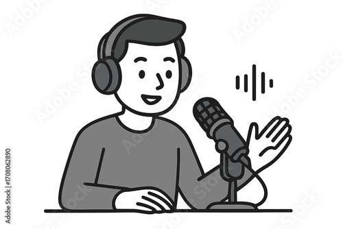 Podcast host recording audio. Man with headphones speaks into microphone. Radio host broadcasting live. Sound recording, streaming, or interview vector cartoon concept.