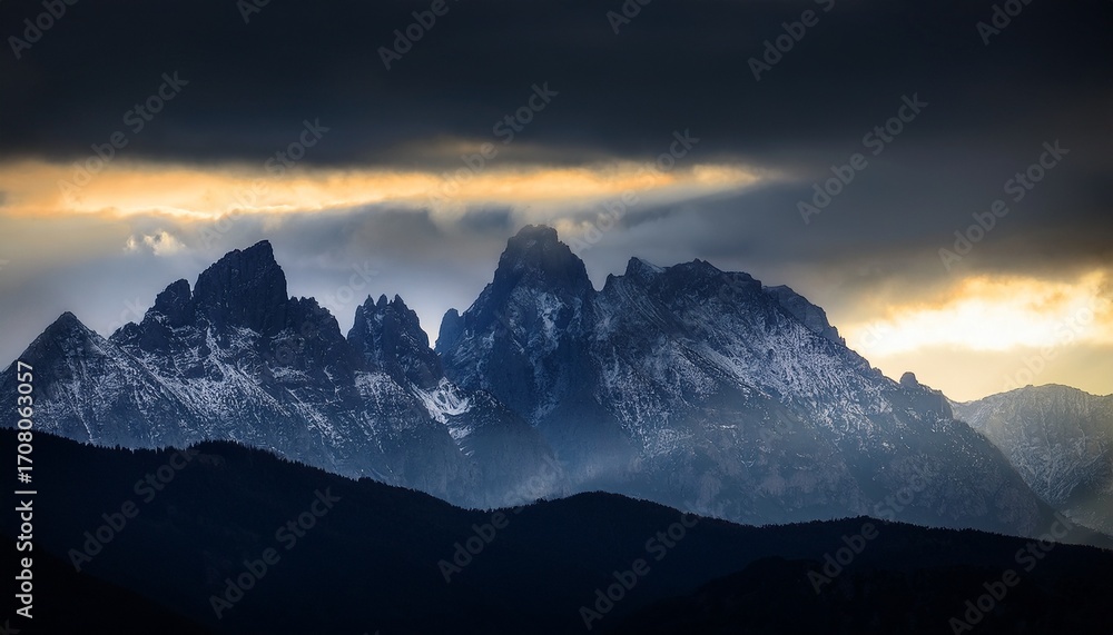 Obraz premium a mountain range is silhouetted against a dark sky