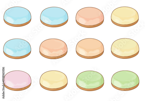 Assorted Pastel Colored Cookies with Icing Cartoon Style.