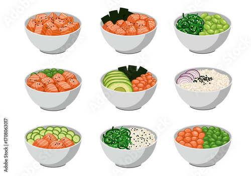Assorted Poke Bowls with Salmon Seaweed Avocado and Vegetables.