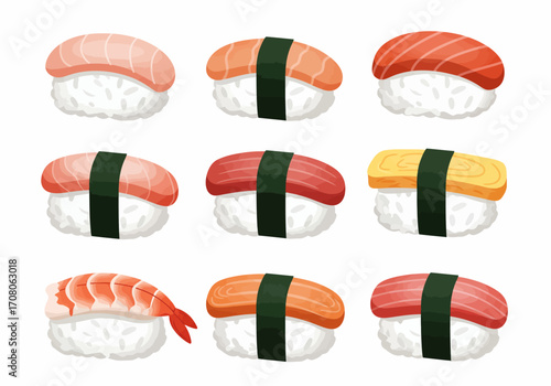 Assorted Nigiri Sushi with Salmon Tuna Shrimp and Egg Toppings.