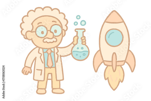 Cute scientist cartoon holding chemistry flask with rocket launch science experiment lab research innovation drawing pastel doodle vector illustration transparent background