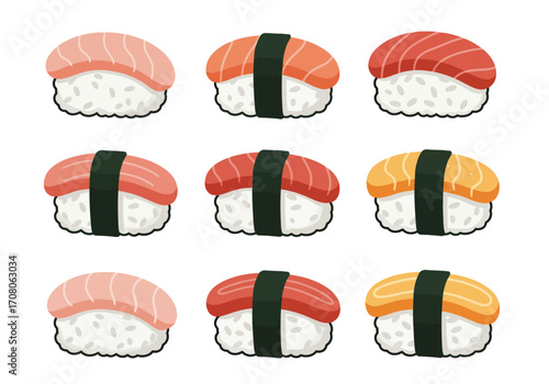Assorted Nigiri Sushi Pieces with Rice and Fish Toppings.