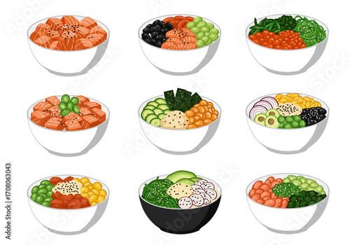 Assorted Poke Bowls with Salmon Vegetables and Various Toppings in White and Black Bowls.