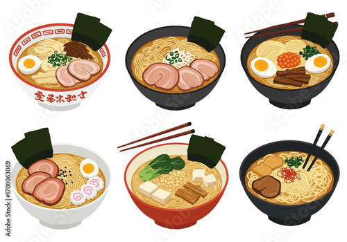 Assorted Ramen Bowls with Various Toppings Illustration.
