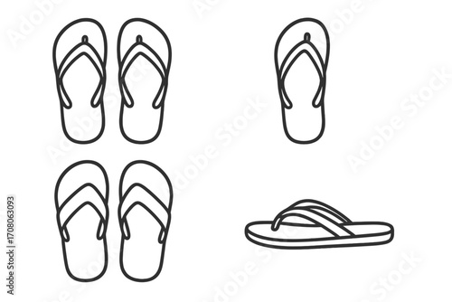 Set of linear beach sandals and flip flops vector illustrations, summer footwear designs, linear cartoon style with transparent background, ordered collection, casual summer shoes