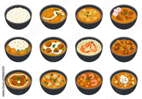 Assortment of Delicious Curries and Rice Bowls in Black Bowls Featuring Various Toppings.