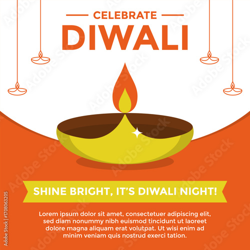 Celebrate Diwali background illustration featuring a glowing traditional diya, festive hanging elements, and bold typography. perfect for banners, social media posts, greeting cards, and promotions.