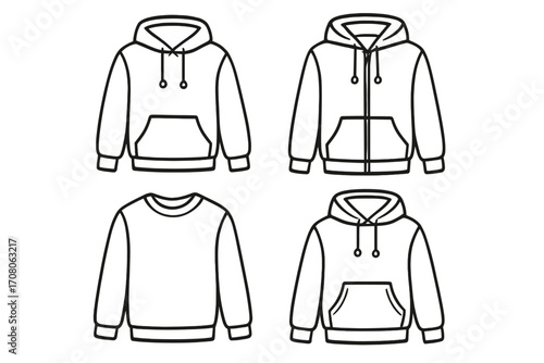 Set of linear hoodie outlines, different styles, zipper jacket, pullover, blank sweatshirt, casual clothing vector cartoon illustration, transparent background, ordered set design