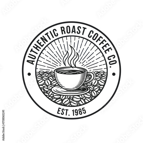 A vintage logo featuring a steaming coffee cup, surrounded by coffee beans, and text.